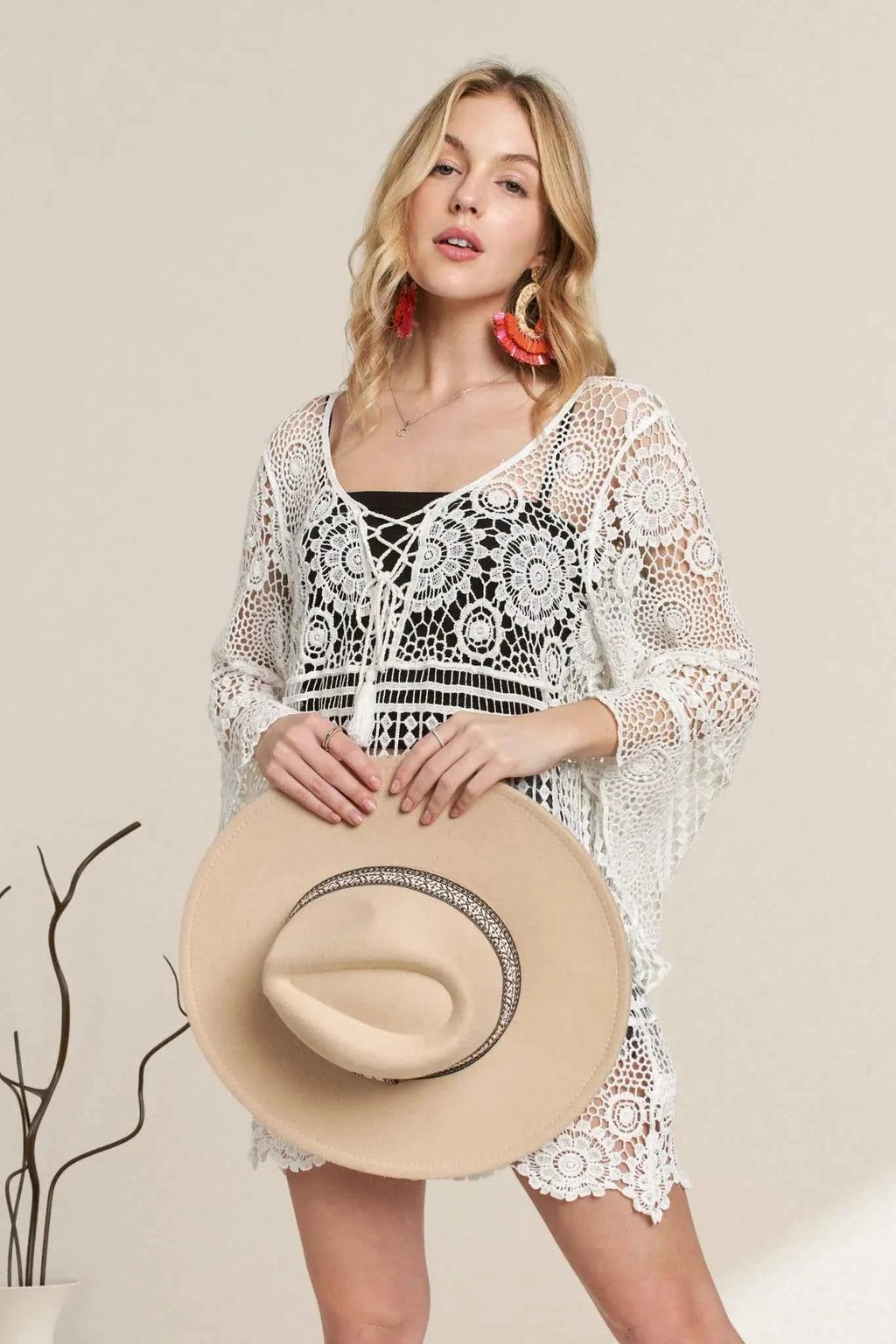 Women's Adora Front Lace-Up Crochet Beach Cover Up Sheer Boho White S/M-M/L