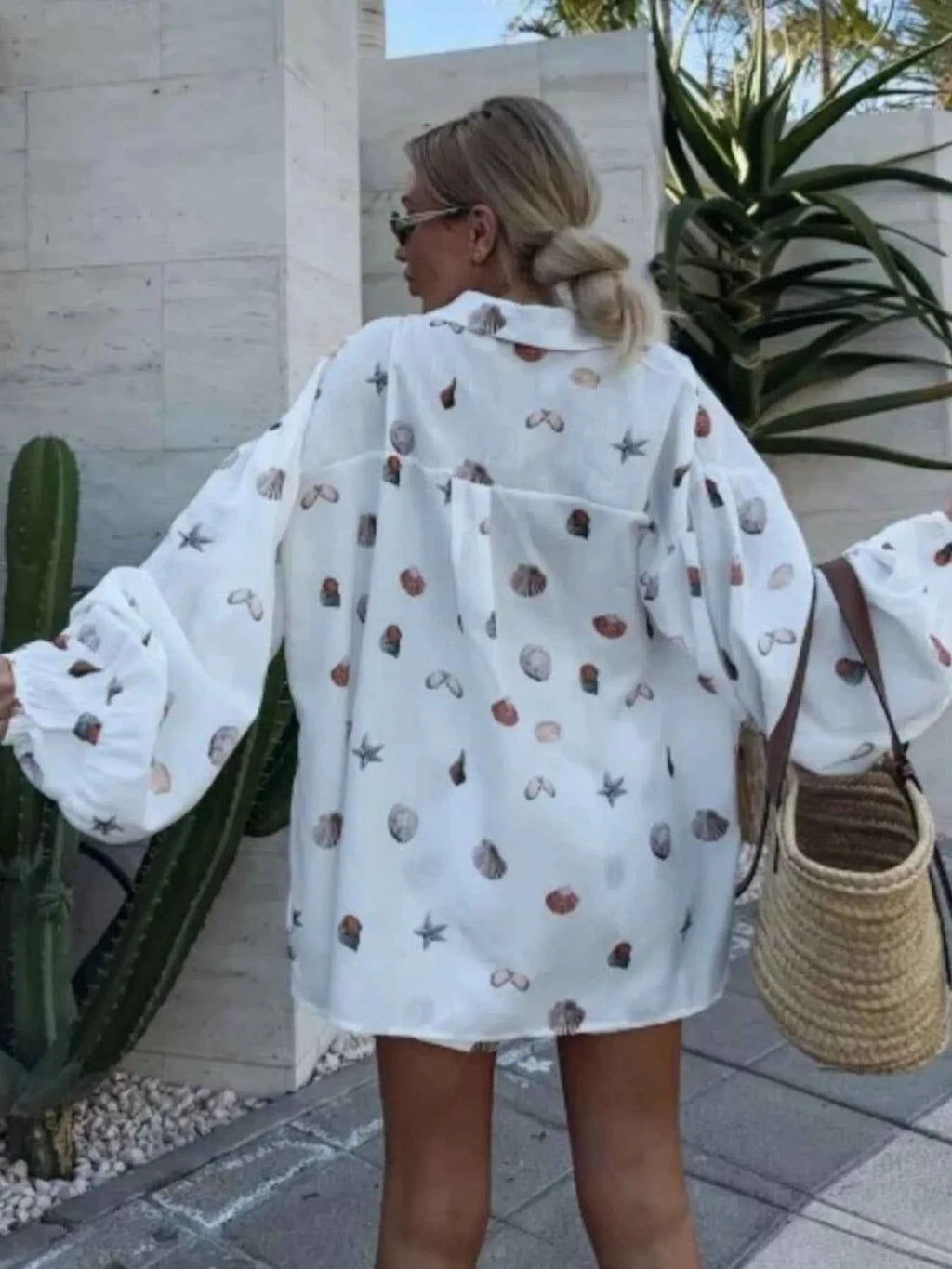 Women's Shell Print Long Sleeve Shirt Belt Shorts Two-Piece Set Beach White S-2XL