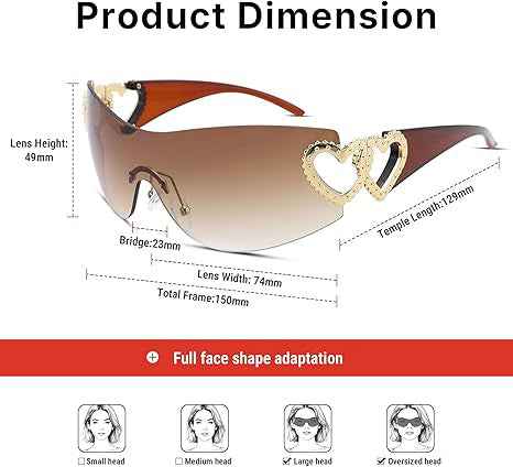 Women's Y2K Rimless Wrap Aviator Sunglasses UV400 Amber One Size
