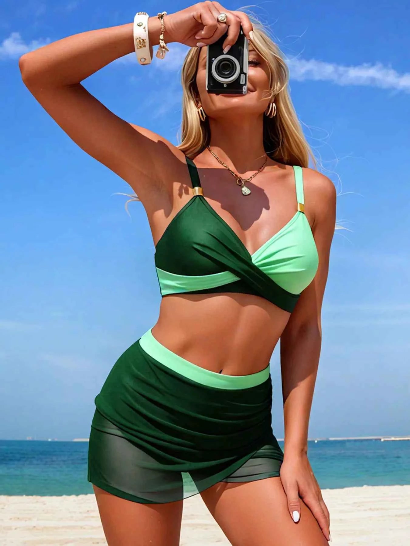 Women's Two-Tone Cami Skort Swim Set Removable Padding Multi Colors S-2XL