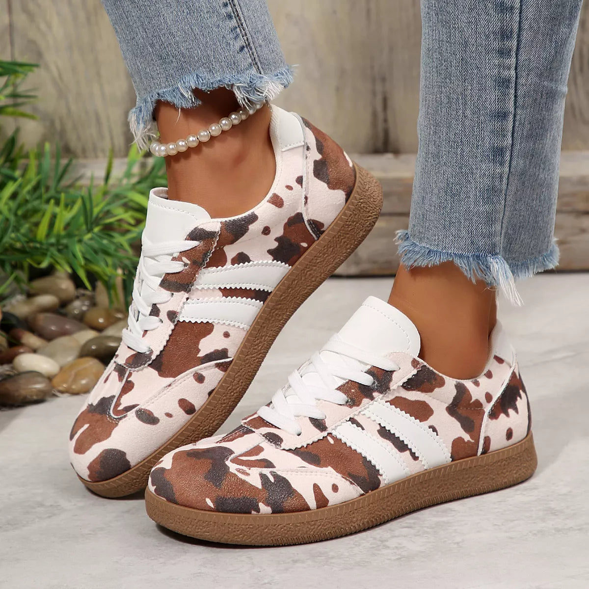 Women's Cow Print Casual Flat Sneakers PU Leather Black Brown US 5-11 Brown