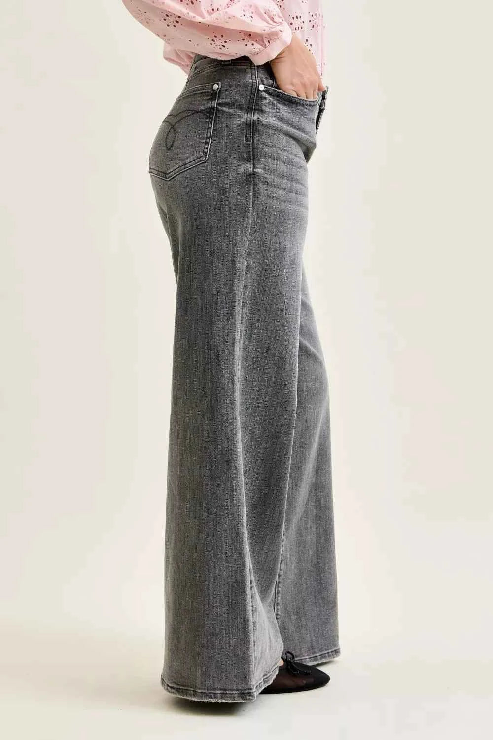 Women's Judy Blue Mid Rise Palazzo Wide Leg Pants Split Yoke Grey 0-15