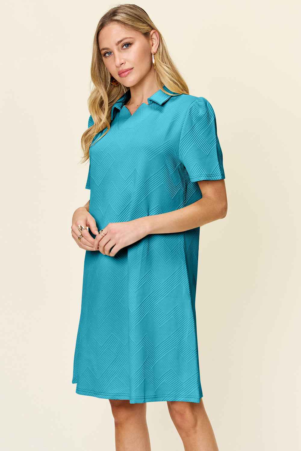Double Take Women's Texture Collared Neck Short Sleeve Dress S-3XL
