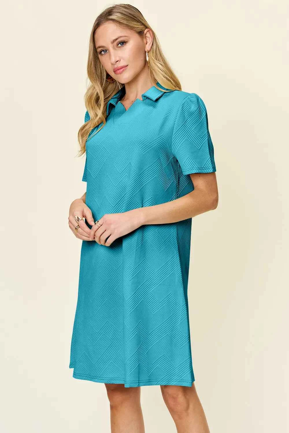 Double Take Women's Texture Collared Neck Short Sleeve Dress S-3XL