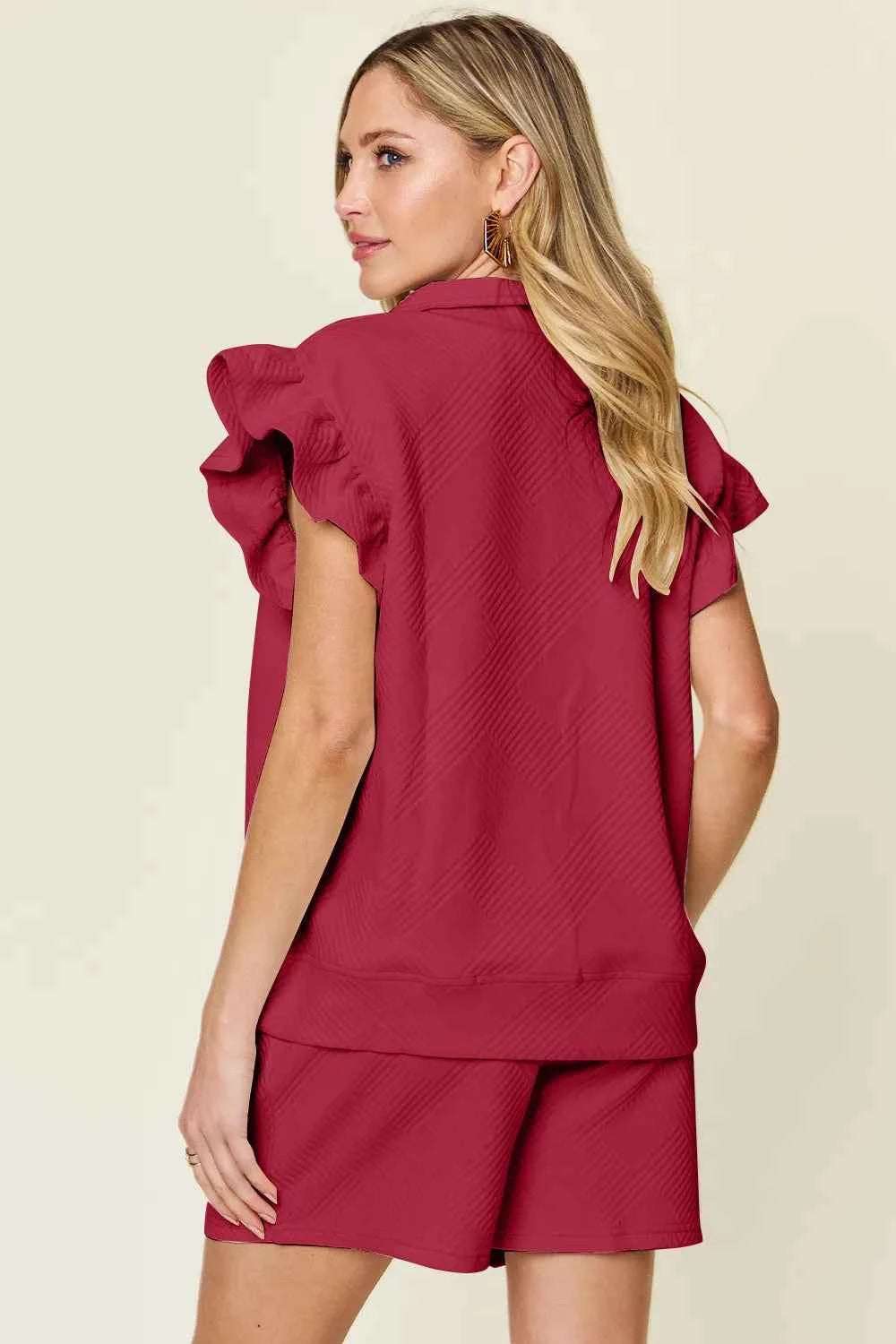 Women's Double Take Flounce Sleeve V-neck Top Shorts Set Two-Piece Multi Colors S-3XL