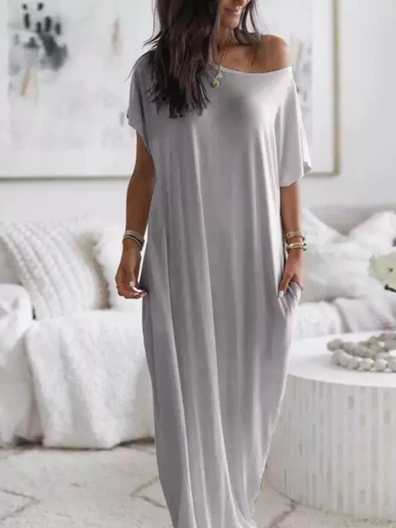 Women's Loose Fit Maxi Dress with Pockets – 5 Colors, S to 3XL Gray Maxi Dresses