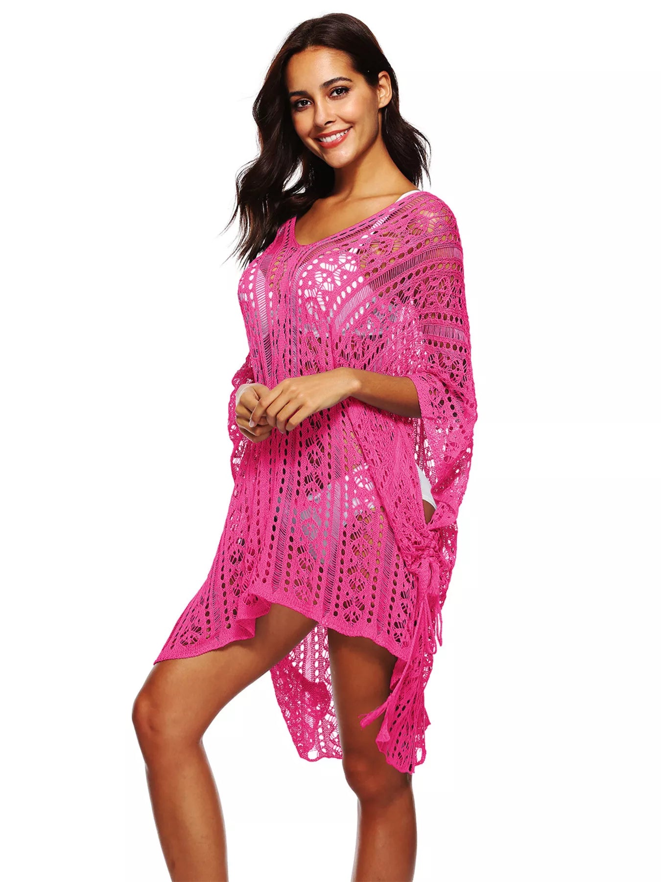 Women's Crochet Knit V-Neck Slit Cutout Beach Cover-Up Multi Colors One Size Fuchsia Pink One Size