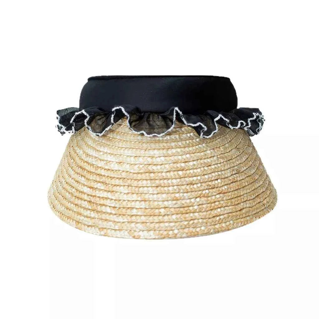 Women's Lace Trim Woven Straw Visor Sun Hat Beach Resort Black Beige One Size