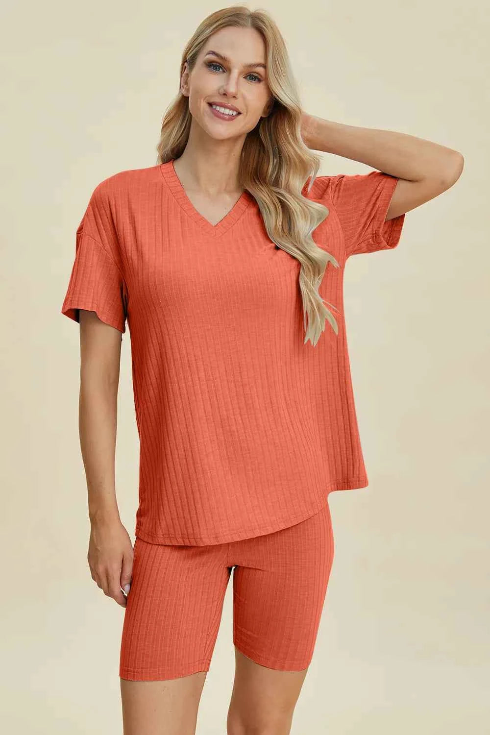 Women's Basic Bae Ribbed V-Neck Top and Shorts Set Two-Piece Multi Colors S-3XL