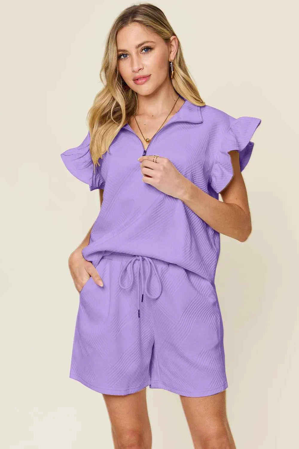 Women's Double Take Flounce Sleeve V-neck Top Shorts Set Two-Piece Multi Colors S-3XL