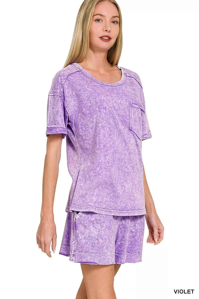Women's Zenana Halo Snow Washed Two-Piece Shorts Set Raw Seam Cotton Violet S-L