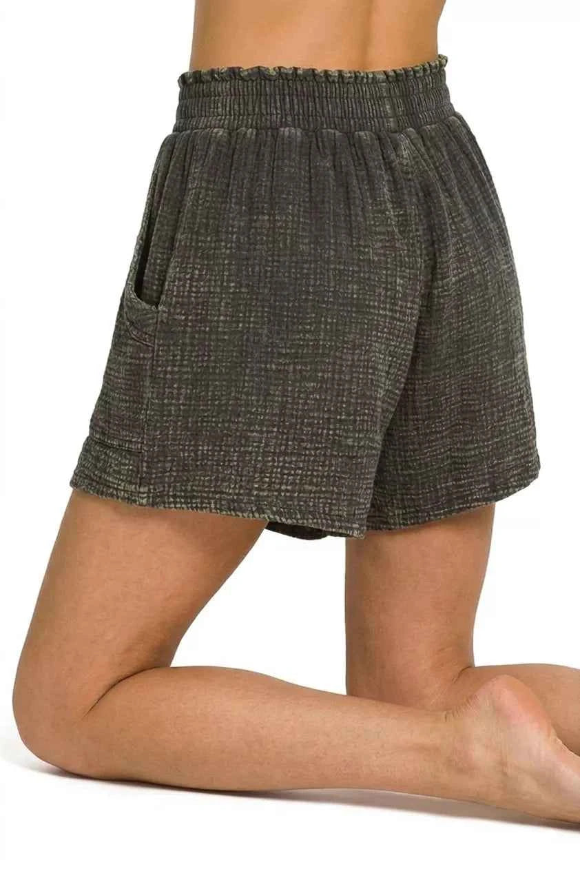Women's Zenana Washed Double Gauze Shorts Pockets Relaxed Fit Ash Black S-L