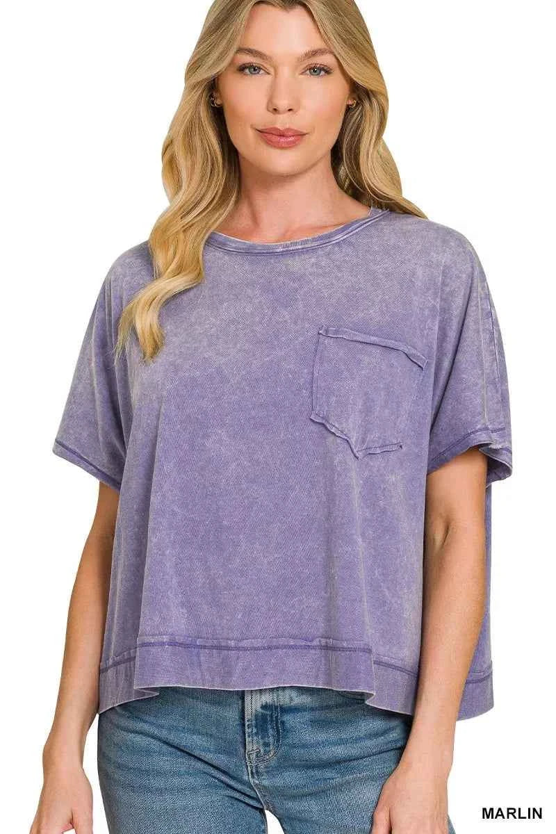 Zenana Women's Acid Wash Oversized T-Shirt Raw Hem Pocket Marlin S-L MARLIN