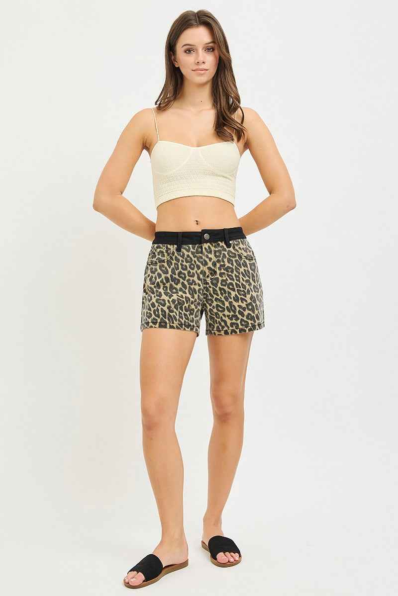 RISEN Women's High Rise Leopard Print Shorts Contrast Waistband Coffee S-XL