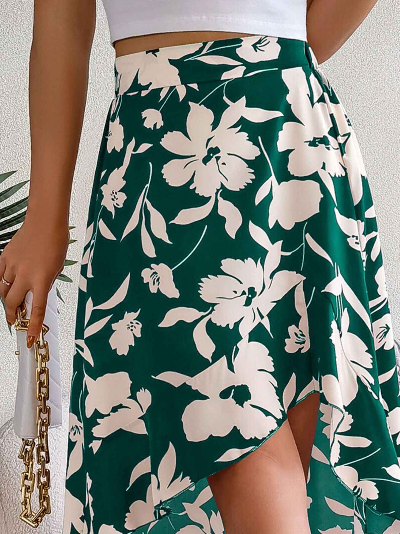 Women's Floral Print Ruffle Hem Asymmetrical Split Skirt Multi Colors S-XL Green