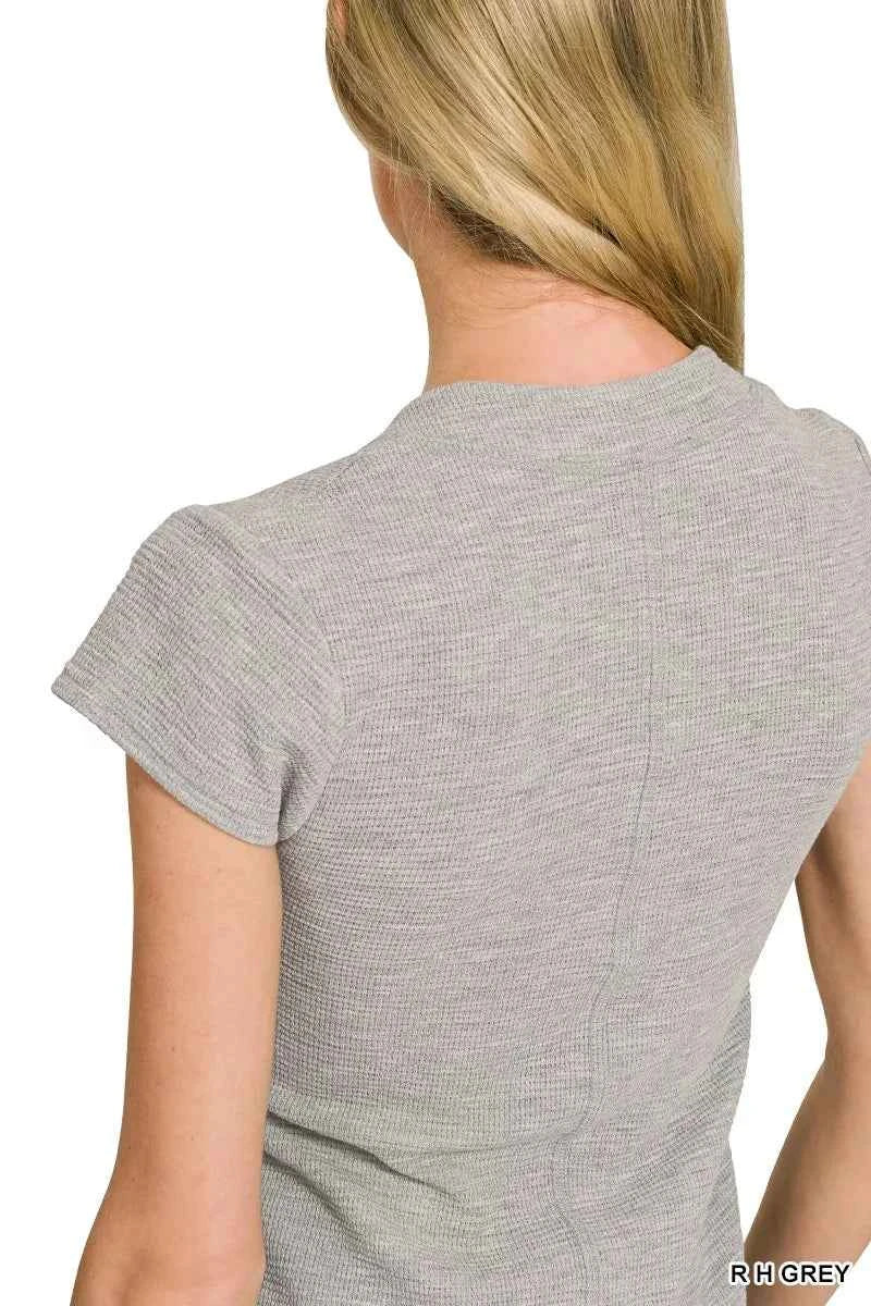 Women's Zenana Double Knit Snap Button Short Sleeve Shirt Heather Grey S-L