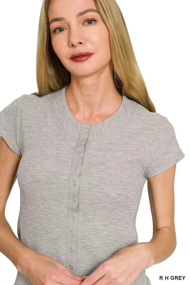 Women's Zenana Double Knit Snap Button Short Sleeve Shirt Heather Grey S-L