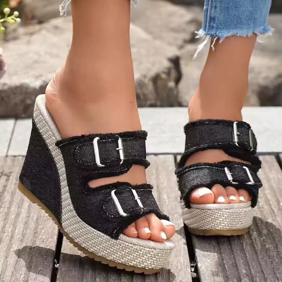 Buckle Open Toe Wedge Sandals Black
