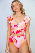 Women's Floral Ruffled Ruched Bikini Two-Piece Set Plus Size Swimwear Orange 3XL Orange 3XL