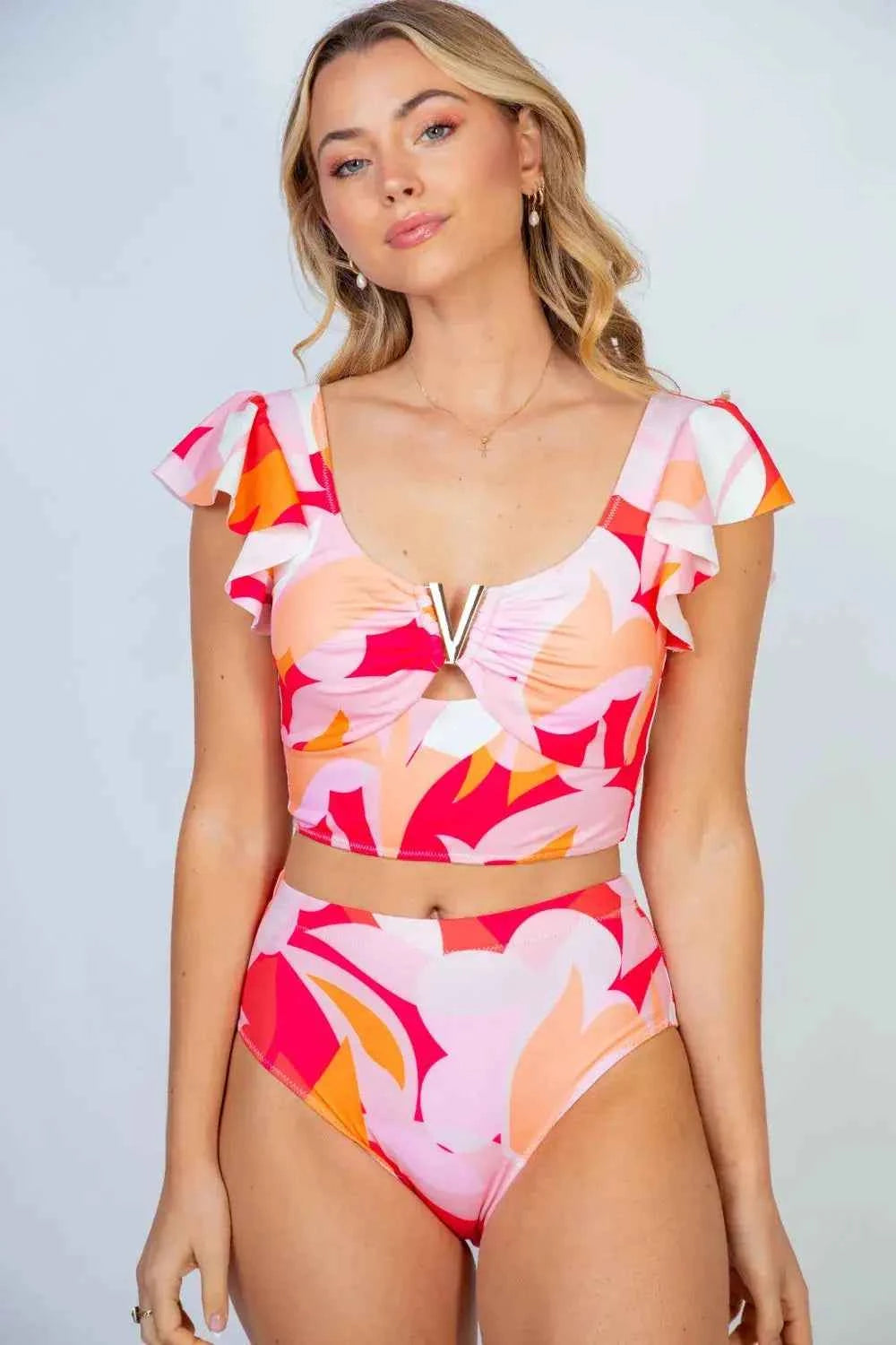 Women's Floral Ruffled Ruched Bikini Two-Piece Set Plus Size Swimwear Orange 3XL Orange 3XL