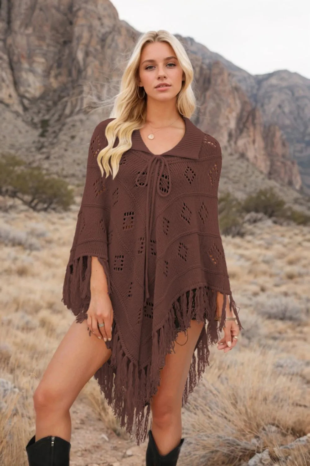 Tassel Hem Knit Cover Up Brown