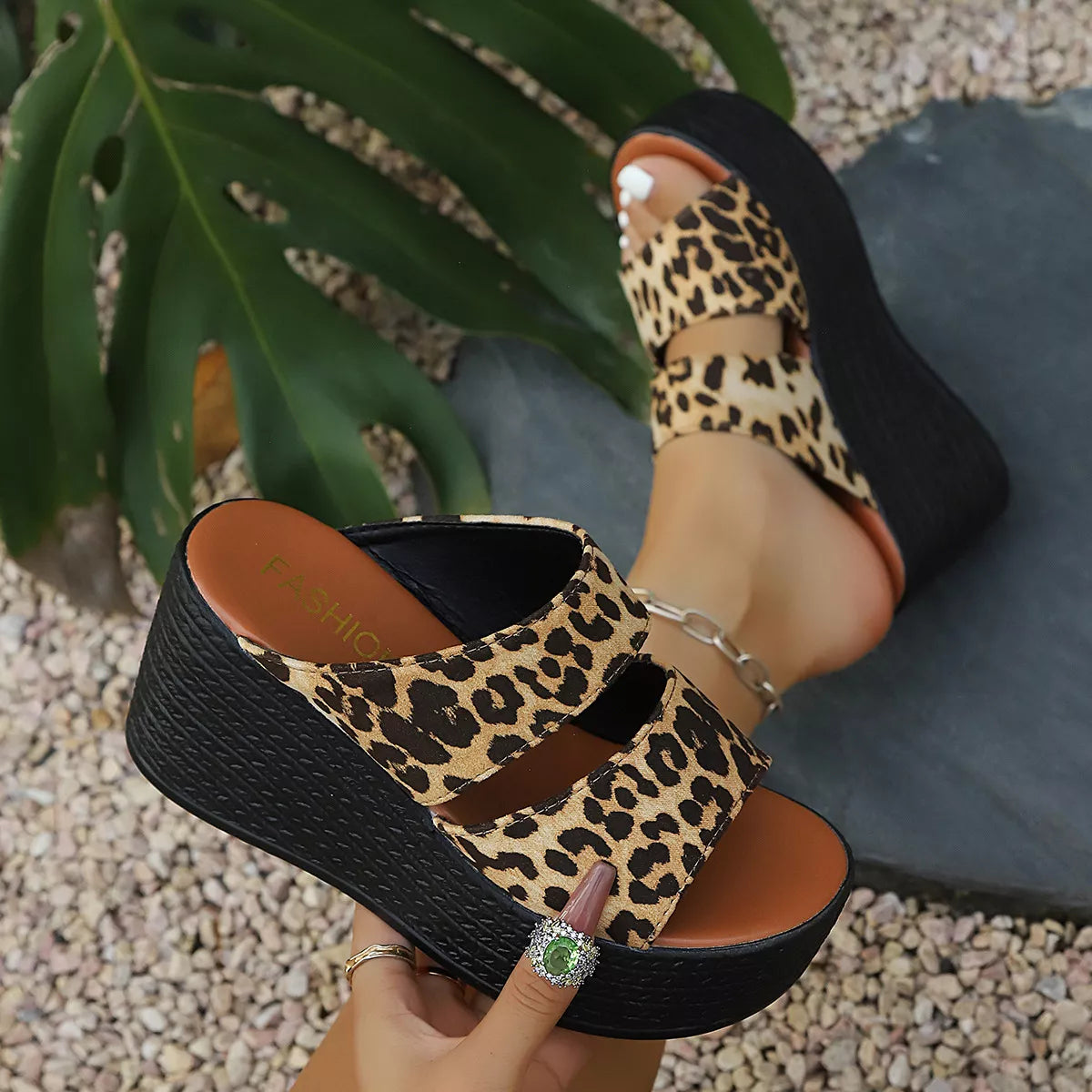 Leopard Open Toe Platform Sandals Brown Leopard Print