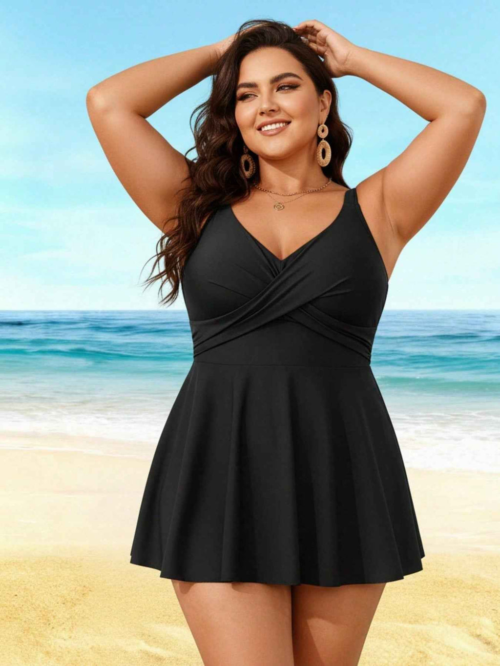 2026 Elegant Plus Size Swim Dress - Black Cross-Front Design, Flared Silhouette, Modest Beach & Pool Swimwear