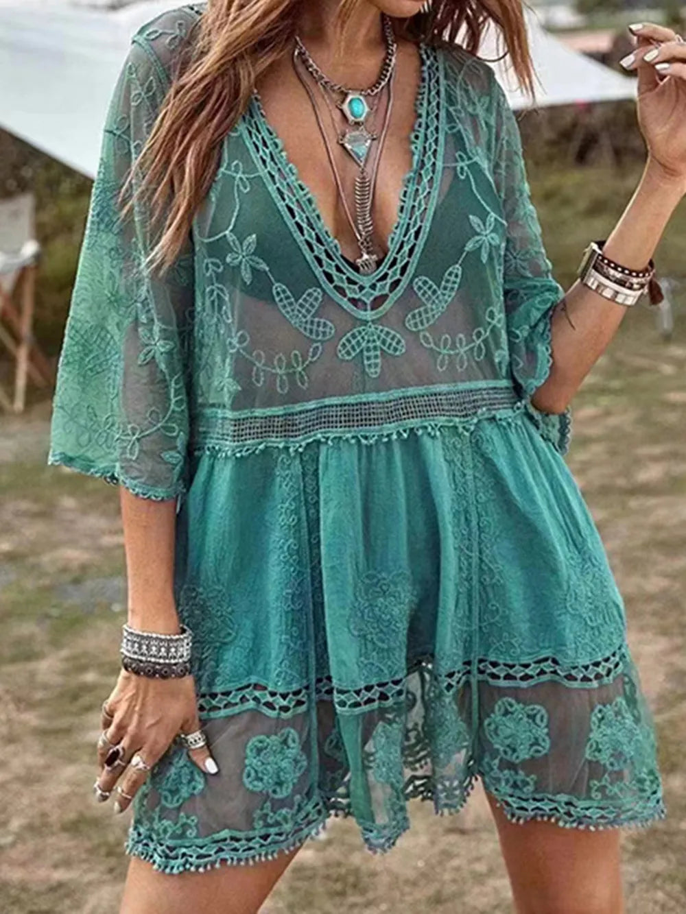 Women's Lace Detail Plunge Cover-Up Dress 5 Colors One Size Teal One Size Cover-Ups - Swimwear
