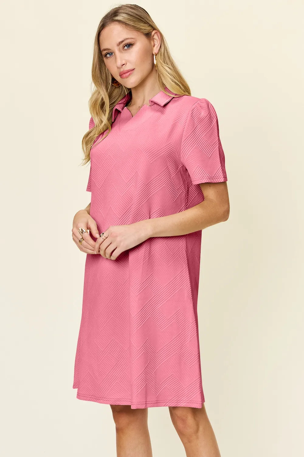 Women's Double Take Texture Collared Neck Short Sleeve Dress Multi Colors S-3XL