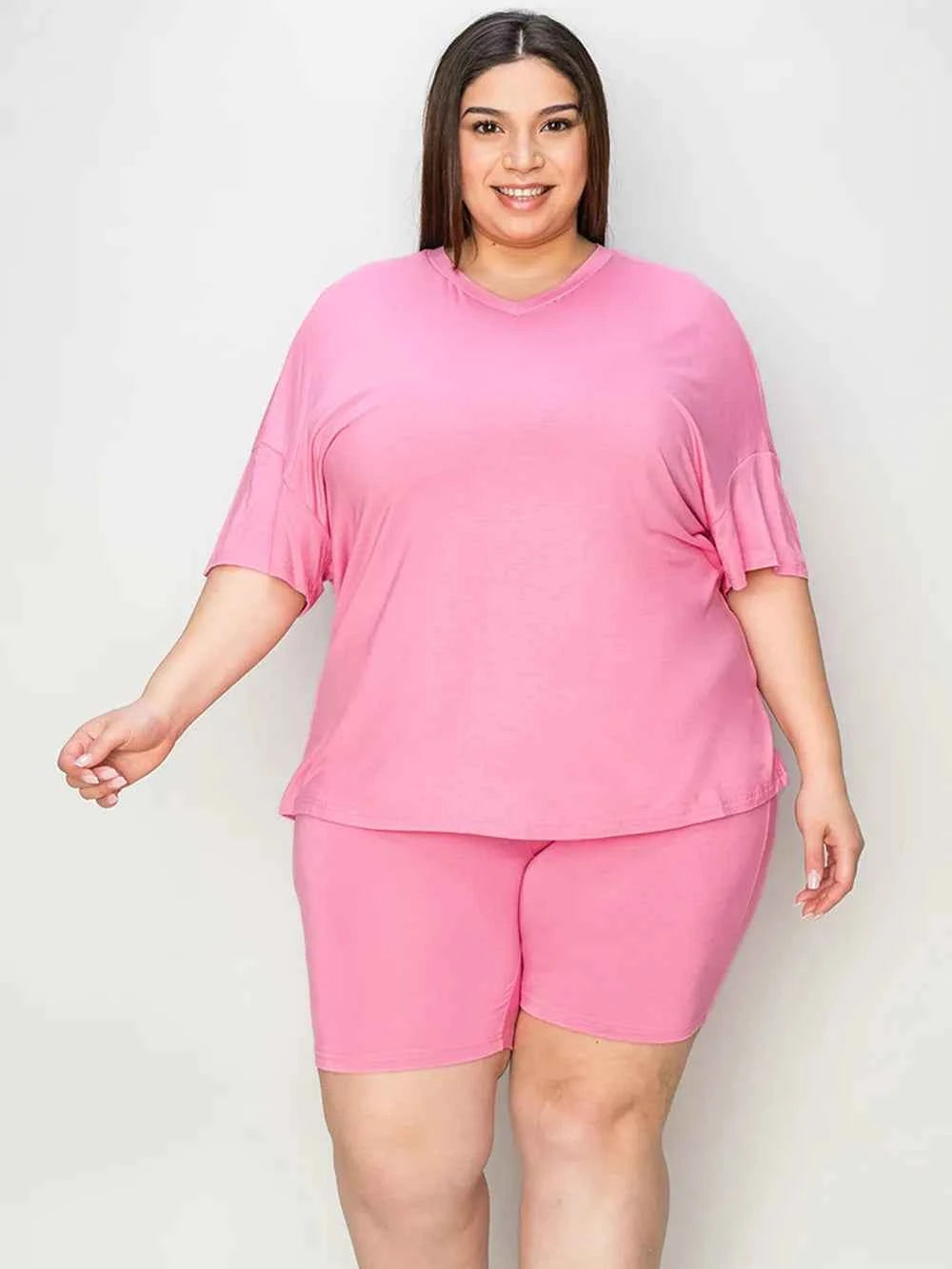 Women's Basic Bae V-Neck Drop Shoulder T-Shirt and Shorts Set Multi Colors S-3XL