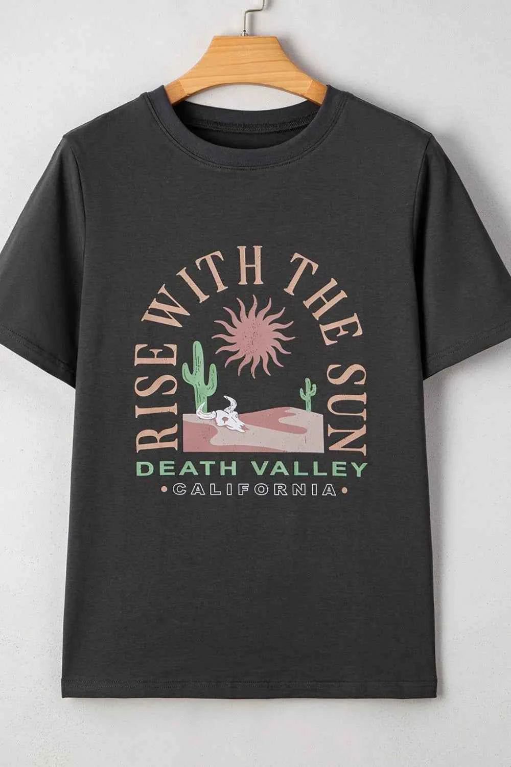 Women's RISE WITH THE SUN Graphic Round Neck Short Sleeve Tee Dark Gray S-XL