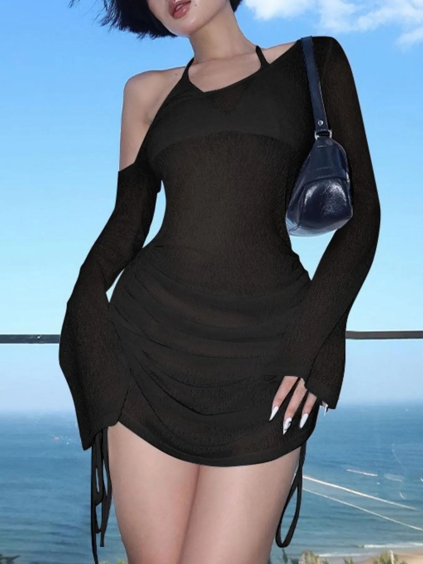 Women's One Shoulder Bell Sleeve Mini Cover-Up Dress Ruched S-L Black Cover-Ups - Swimwear