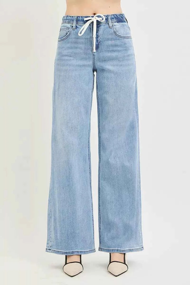 Women's RISEN Slouchy Wide Leg Jeans Elastic Drawstring Lite Blue 0-15