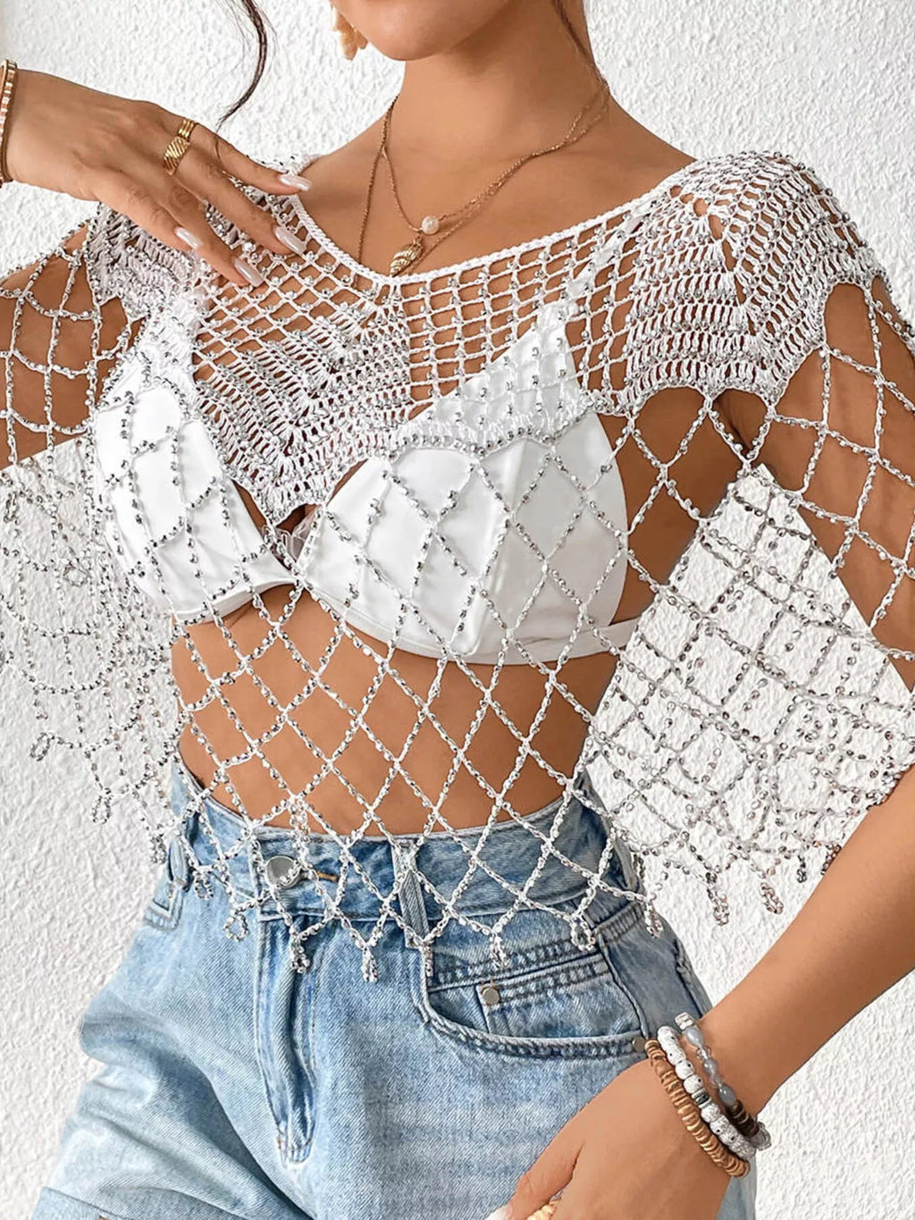 Women's Beaded Crochet Cover Up Cutout Beach Boho One Size Black White Gold