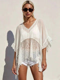 Women's Sheer Lace Trim Ruffle Flowy Short Sleeve Cover-Up Black White S-XL White