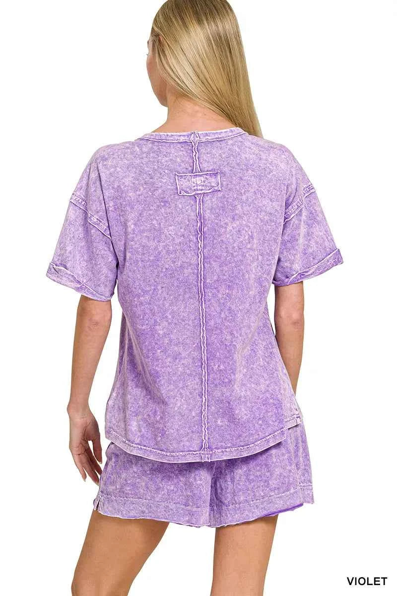 Women's Zenana Halo Snow Washed Two-Piece Shorts Set Raw Seam Cotton Violet S-L