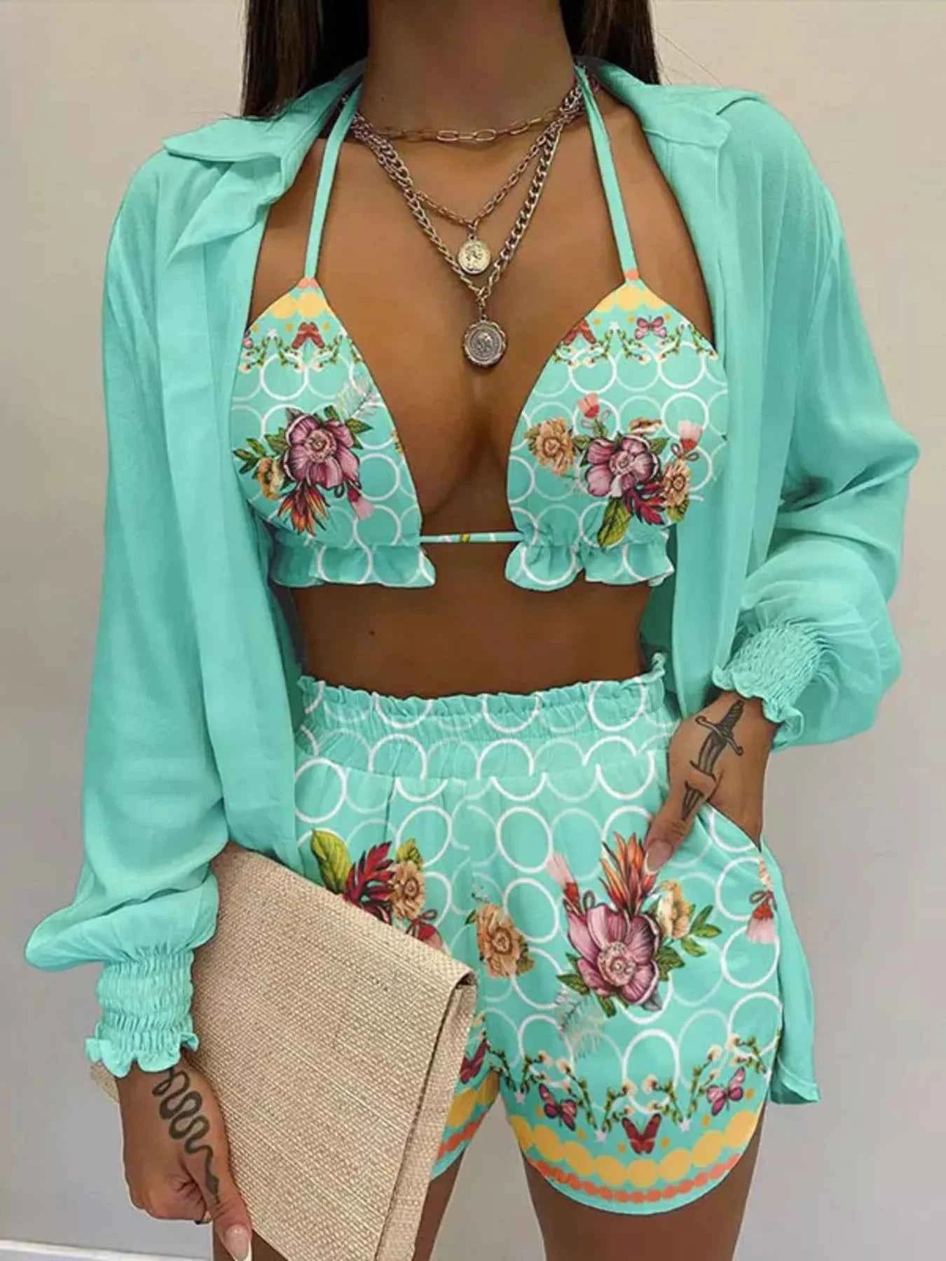 Women's Plus Size Halter Cami Shirt & Shorts 3-Piece Set Smocked Frill S-3XL Mint Blue