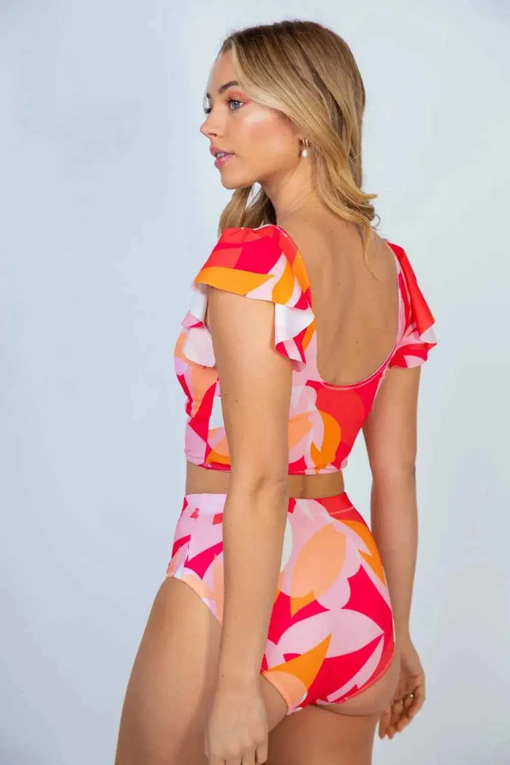 Women's Floral Ruffled Ruched Bikini Two-Piece Set Plus Size Swimwear Orange 3XL