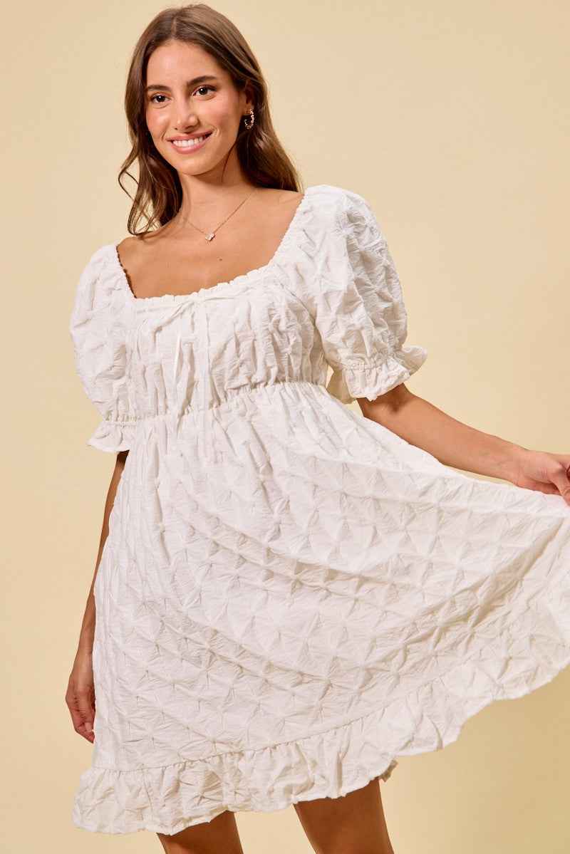 Women's SO ME Woven Ruched Bust Mini Dress Smocked Ruffle Off White S-XL