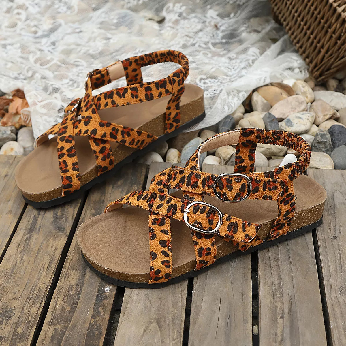 Women's Leopard Print Buckle Platform Low Heel Sandals Multi Colors EU 35-45