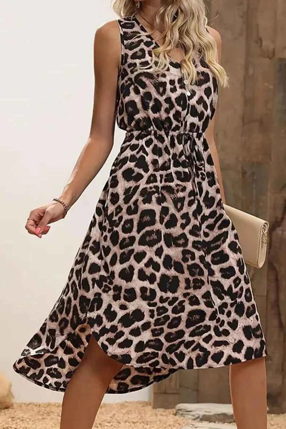 Women's Leopard Print V-Neck Sleeveless Midi Dress Tie Button Boho Beach Leopard S-XL