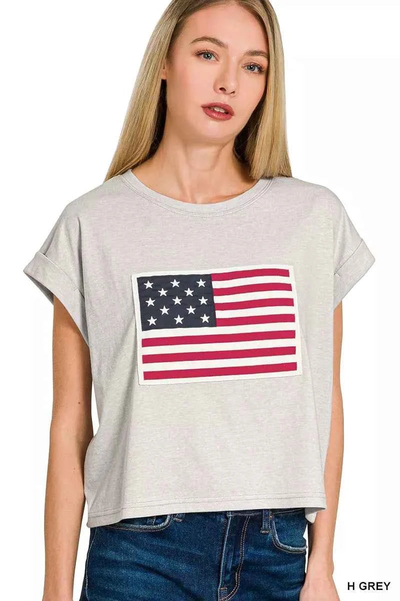 Zenana Women's American Flag Tee Round Neck Short Sleeve H Grey S-M