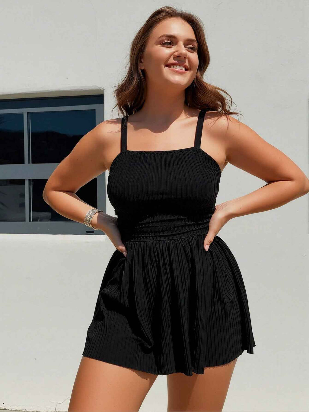 Plus Size Black Ribbed Square Neck Flared Skirt Swim Dress Swimsuits For Women