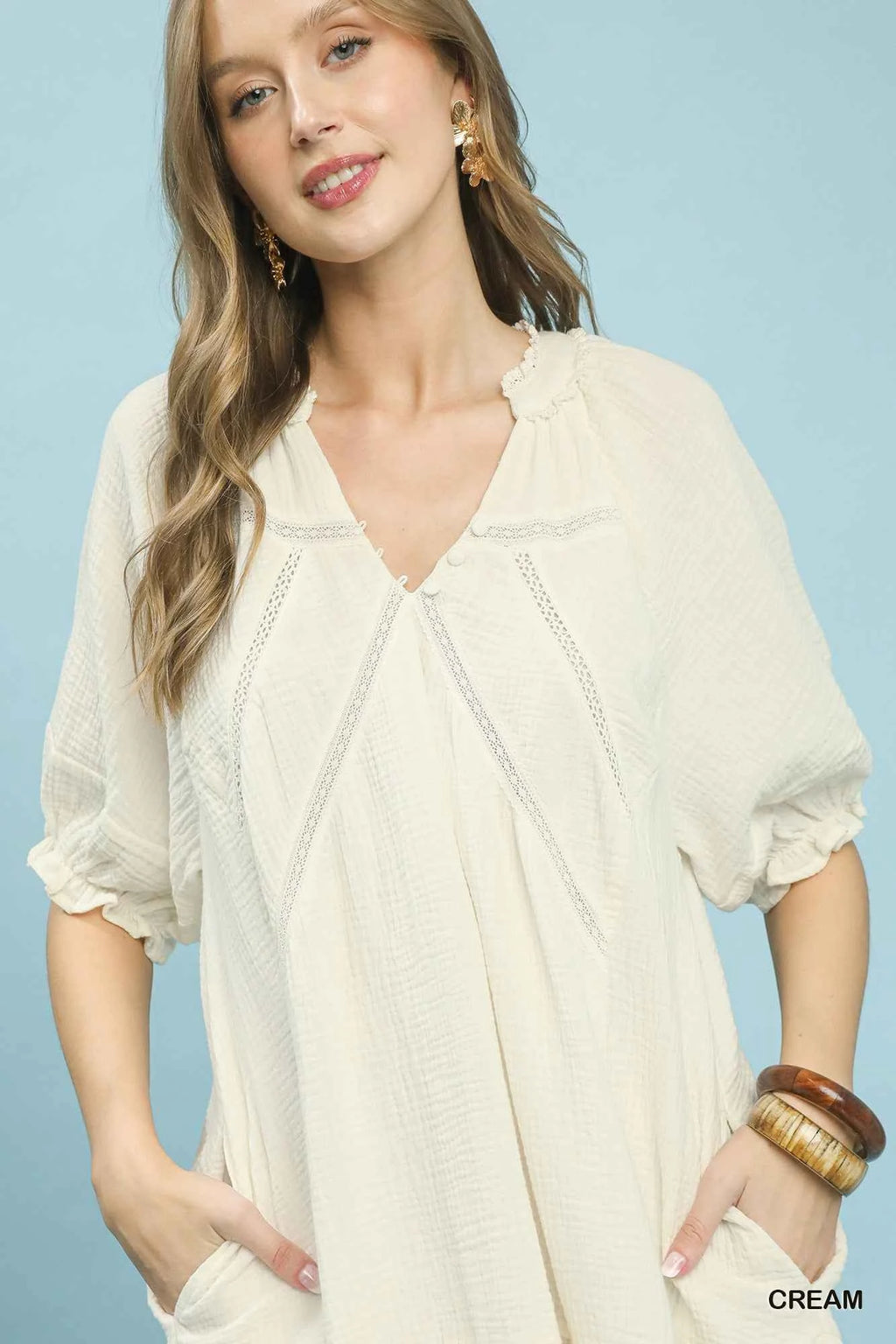 Women's Umgee Cotton Gauze Tiered Mini Dress V-Neck Lace Detail Cream S-L
