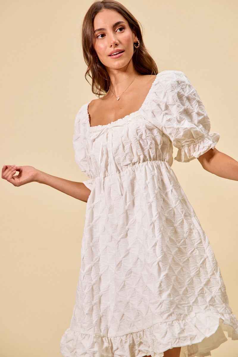 Women's SO ME Woven Ruched Bust Mini Dress Smocked Ruffle Off White S-XL