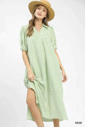 Umgee Women's Gingham A-Line Midi Dress V-Neck Ruffle Hem Pockets Sage S-L SAGE
