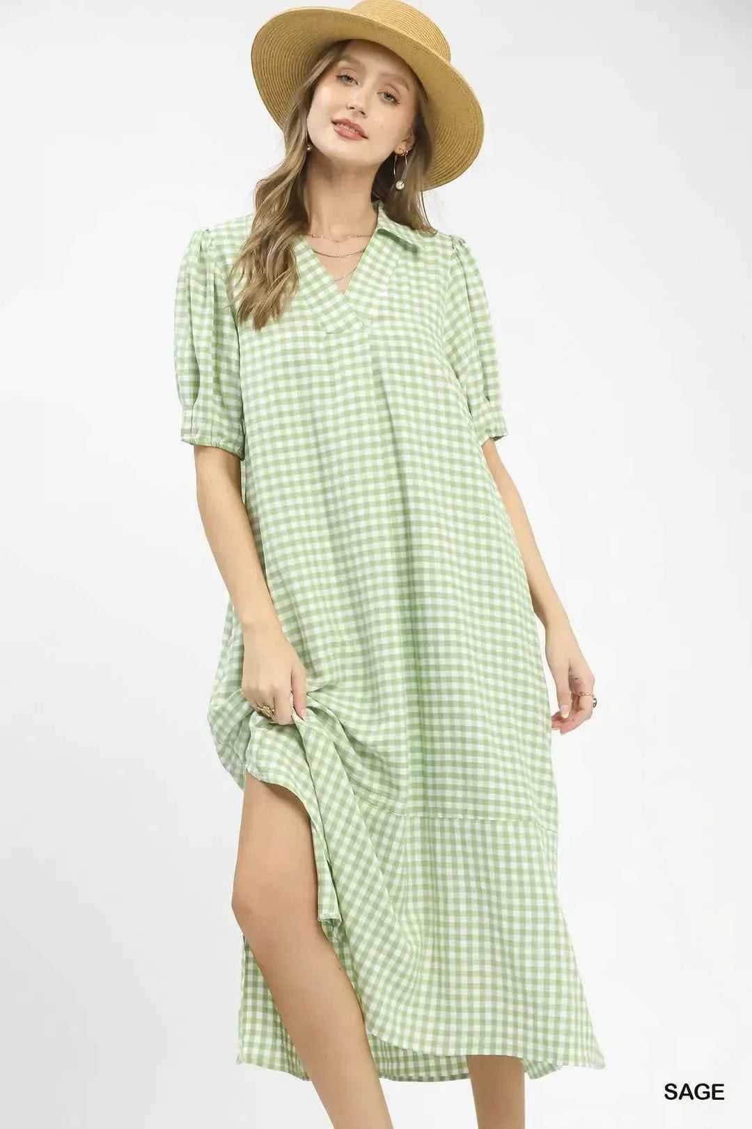 Umgee Women's Gingham A-Line Midi Dress V-Neck Ruffle Hem Pockets Sage S-L SAGE