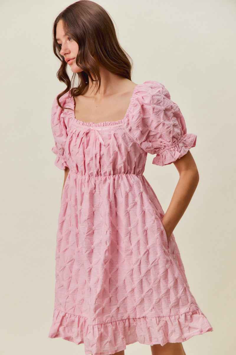 Women's SO ME Woven Ruched Bust Mini Dress Smocked Ruffle Pink S-XL