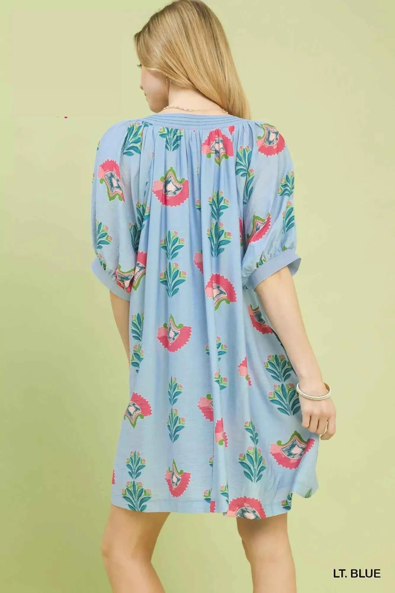 Umgee Women's Bold Abstract Print Mini V-neck Dress Casual Chic Light Blue S-L