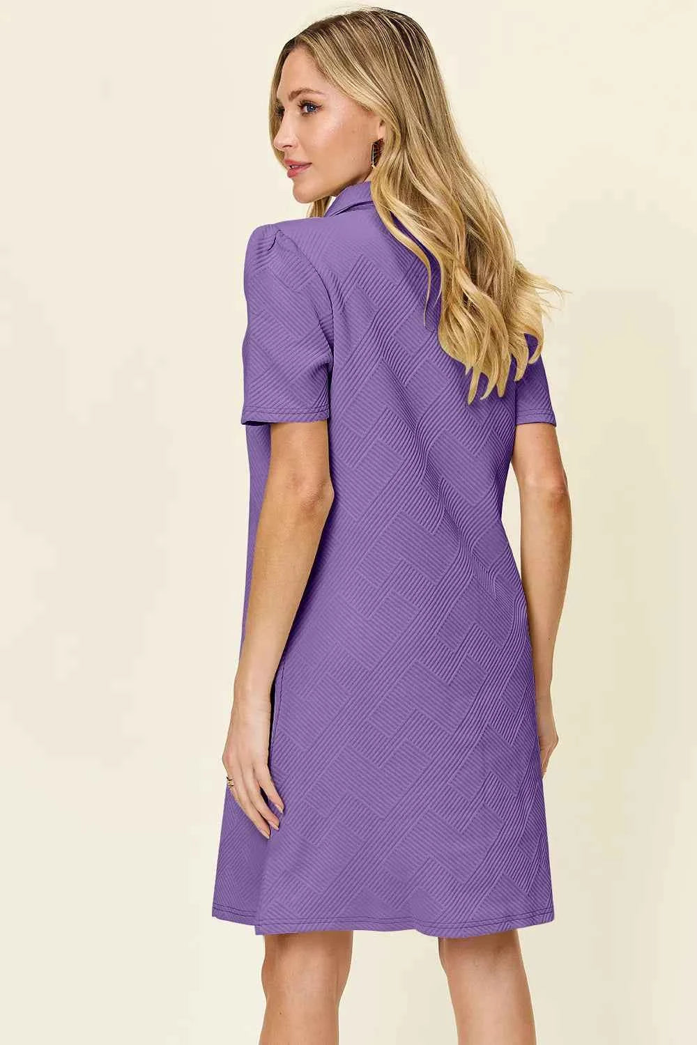 Women's Double Take Texture Collared Neck Short Sleeve Dress Multi Colors S-3XL